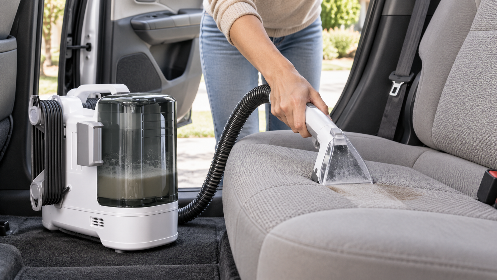 Portable cleaner in use on a vehicle seat