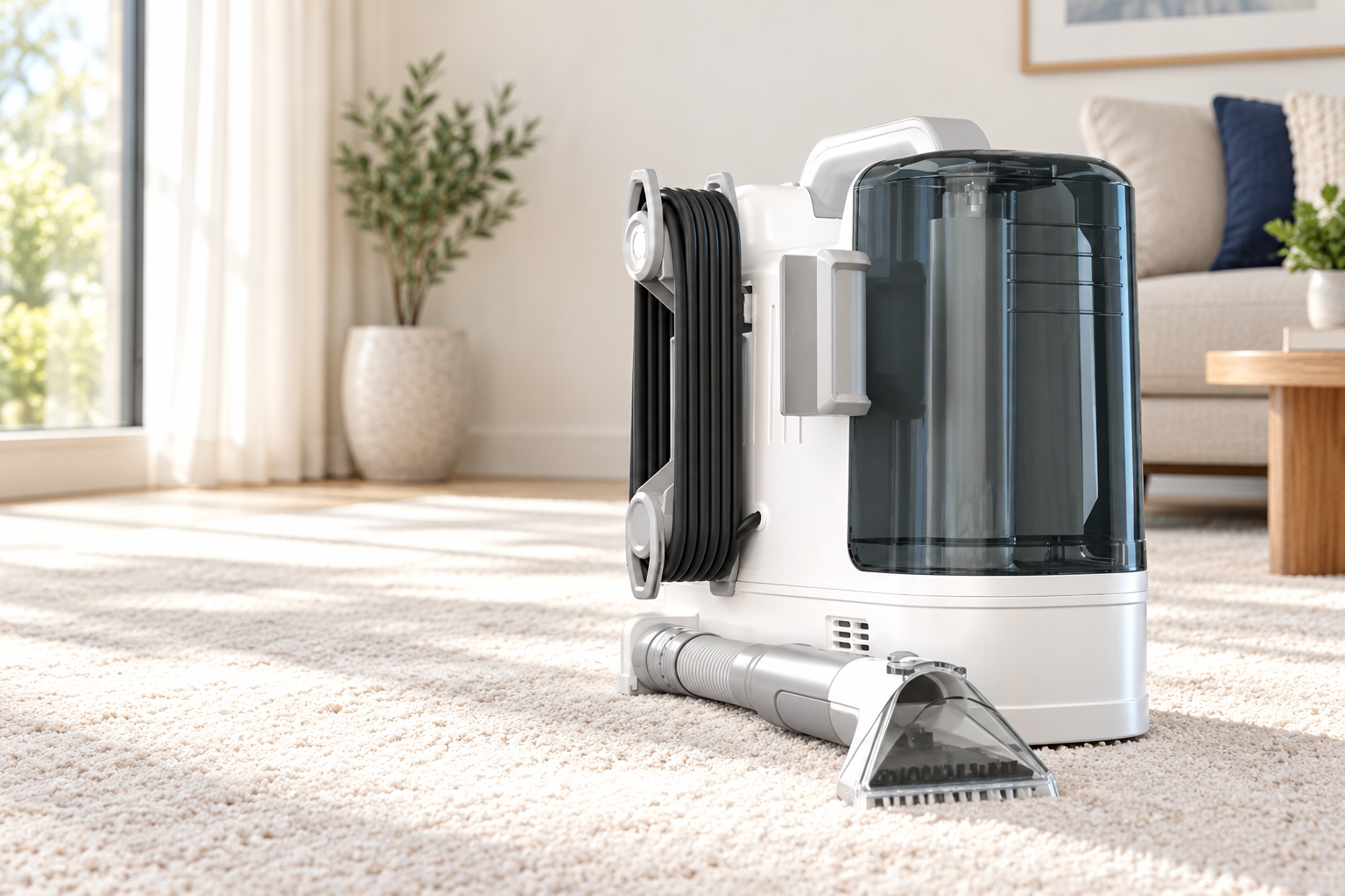 Portable cleaner beside a light area rug